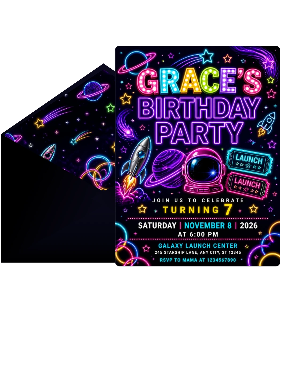 Neon Space 7th Birthday Invitation