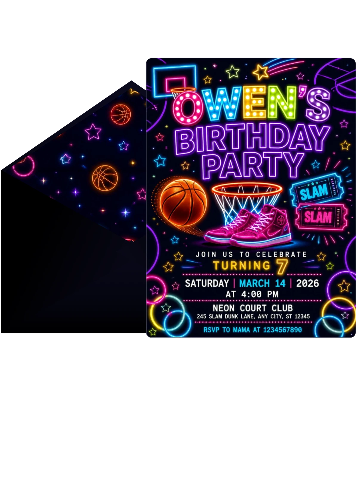 Neon Basketball 7th Birthday Invitation