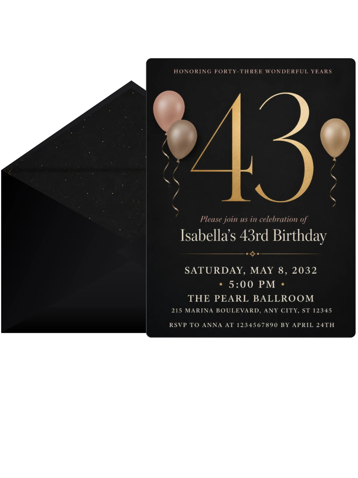 Charcoal and Blush 43rd Birthday Invitation