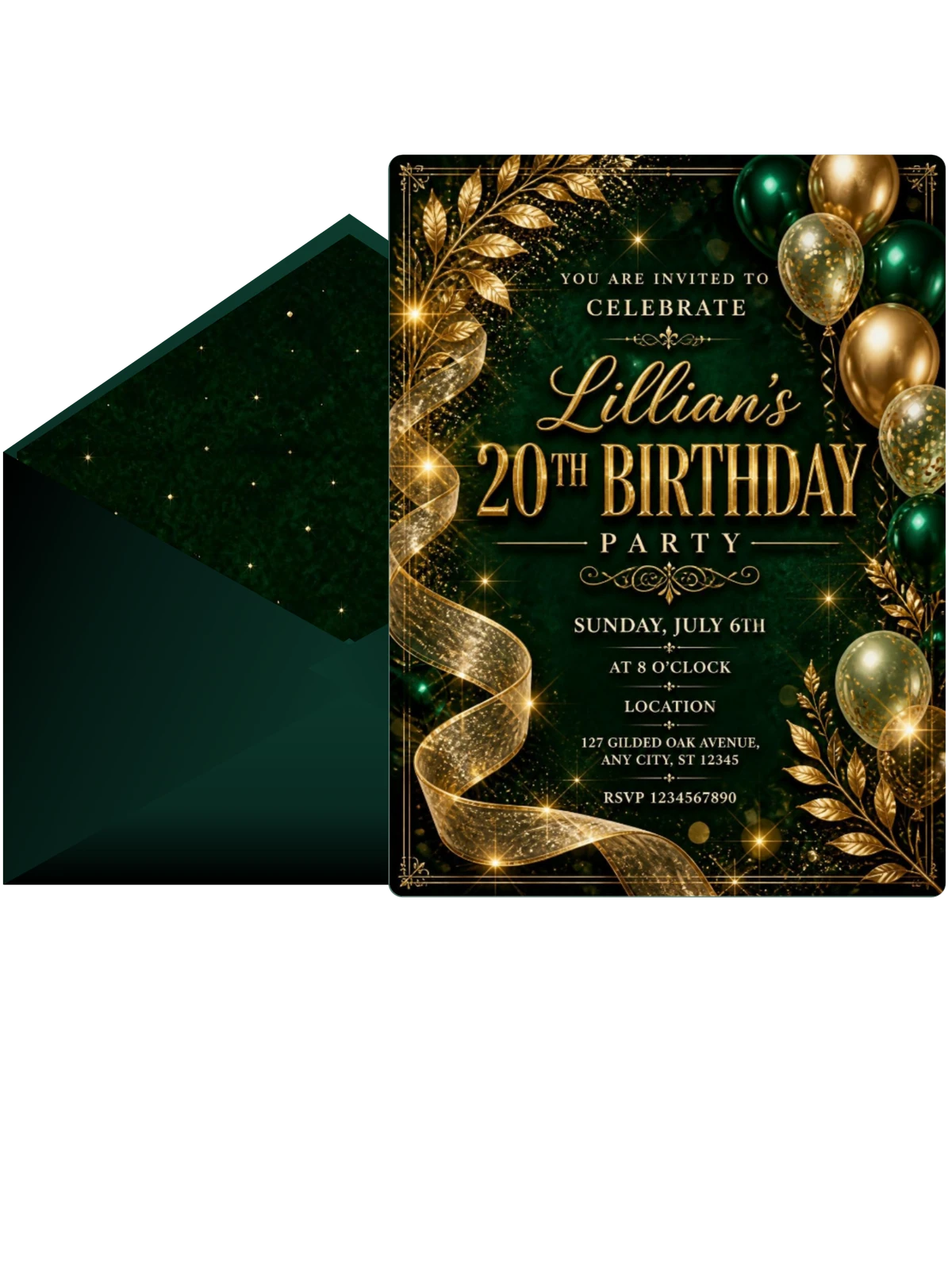 Emerald and Champagne 20th Birthday Invitation