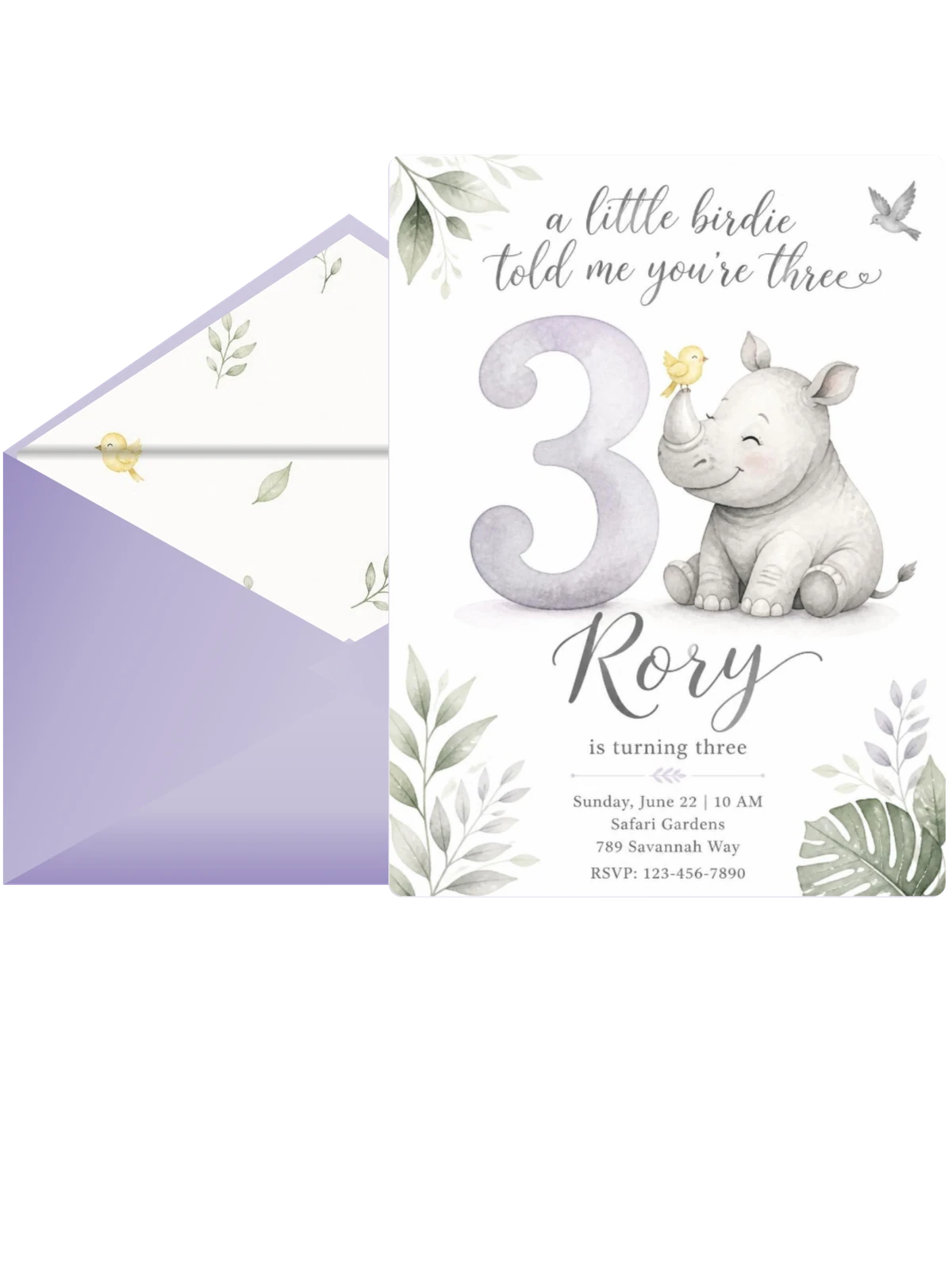 Watercolor Rhino 3rd Birthday Invitation