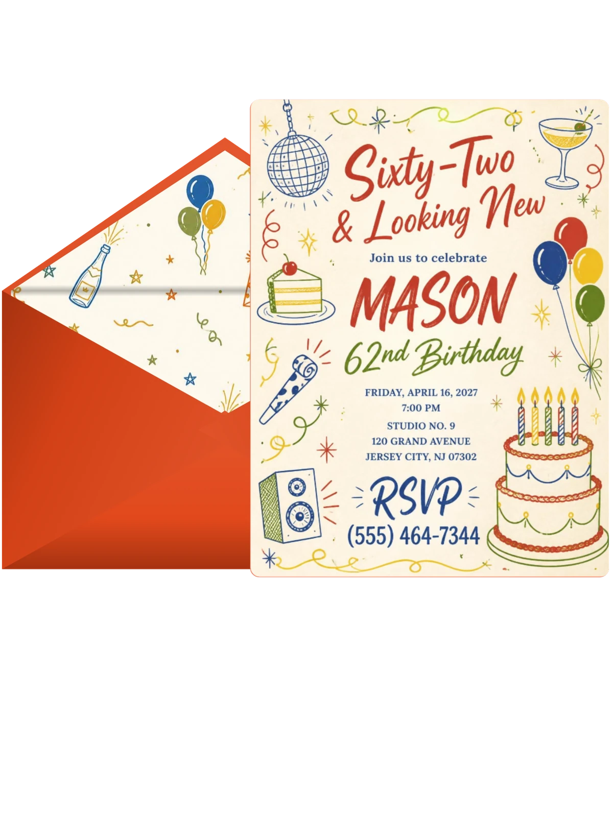 Retro Doodle 62nd Birthday Invitation