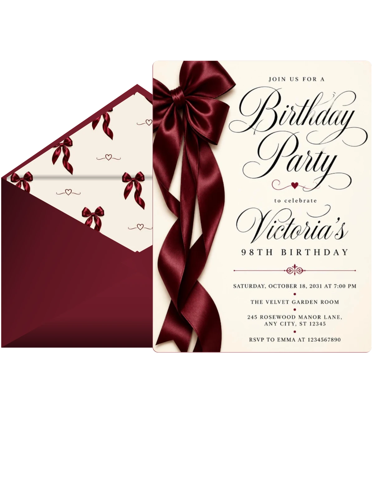 Burgundy Satin Bow 98th Birthday Invitation