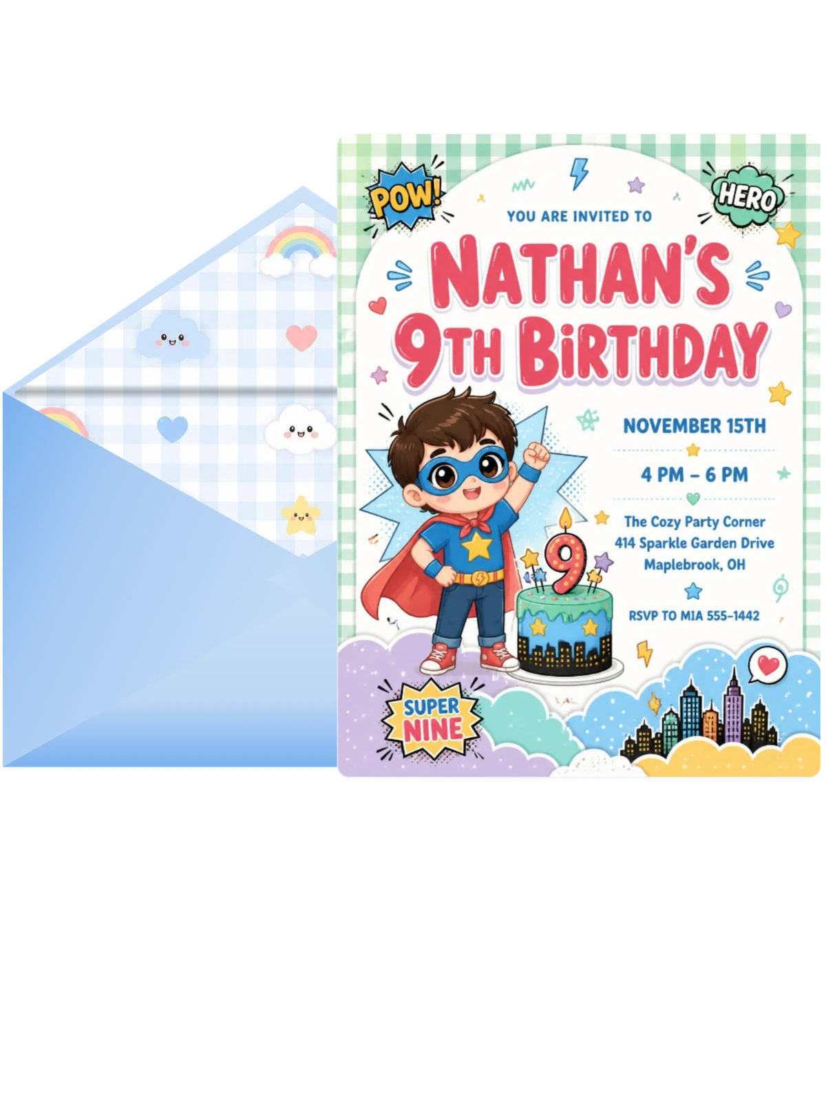 Kawaii Superhero 9th Birthday Invitation