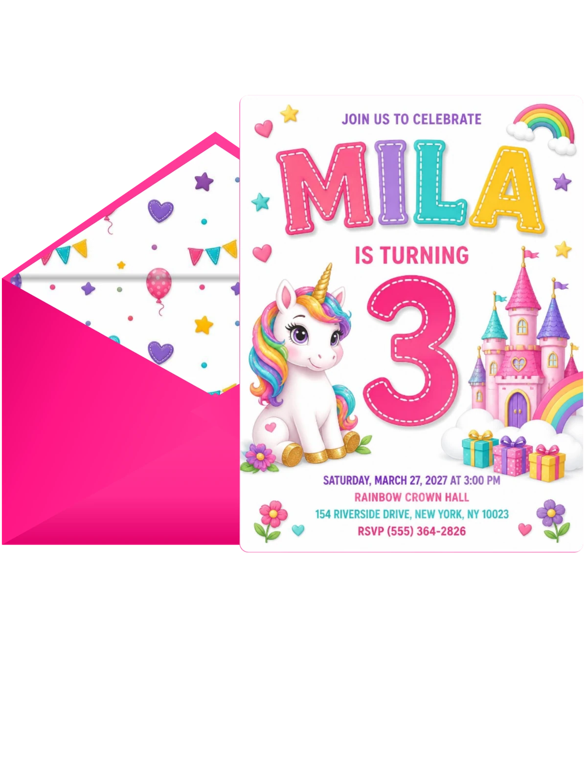 Stitched Unicorn Castle 3rd Birthday Invitation