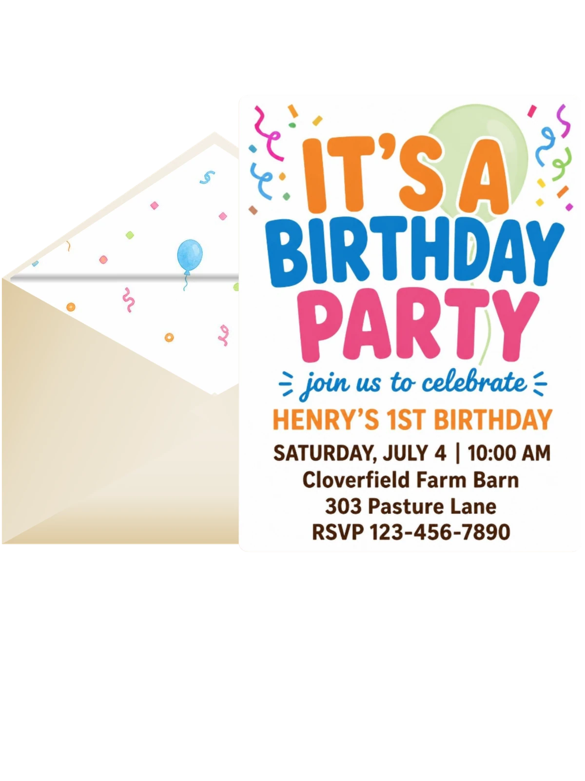 Primary Color Confetti 1st Birthday Invitation