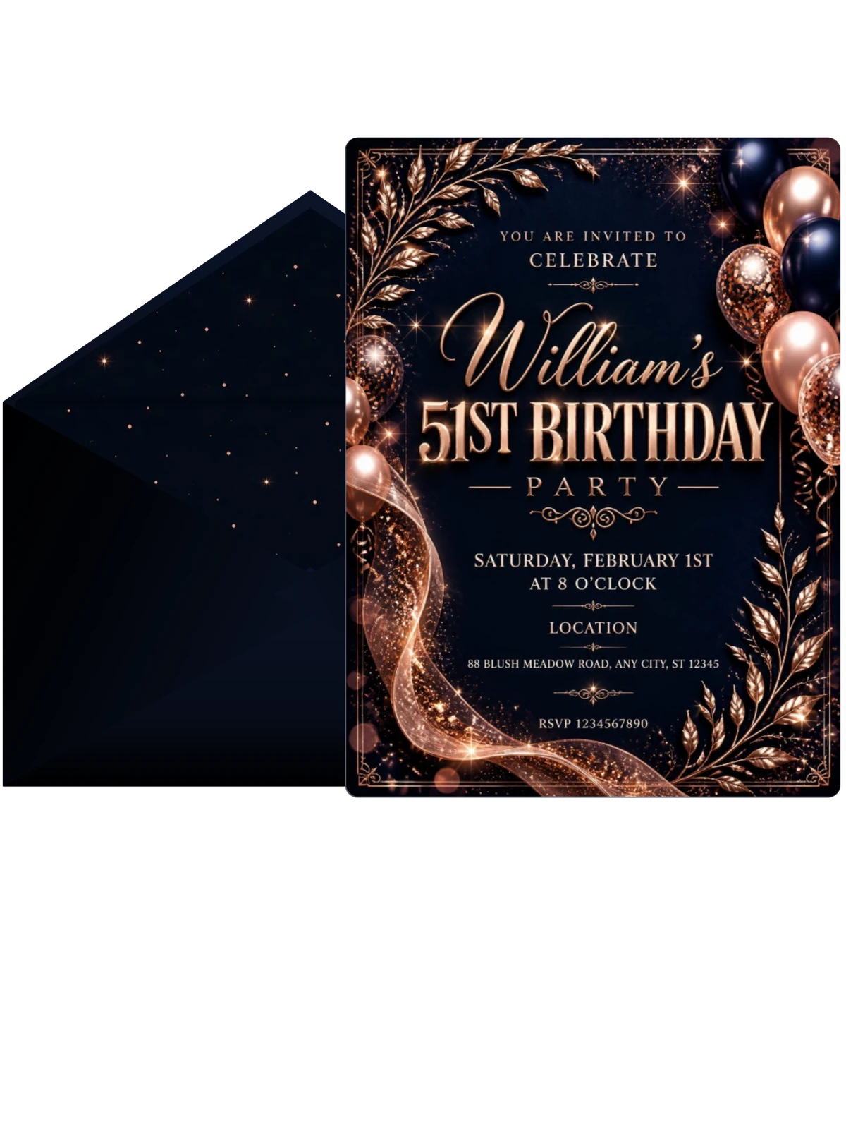 Navy and Rose Gold 51st Birthday Invitation