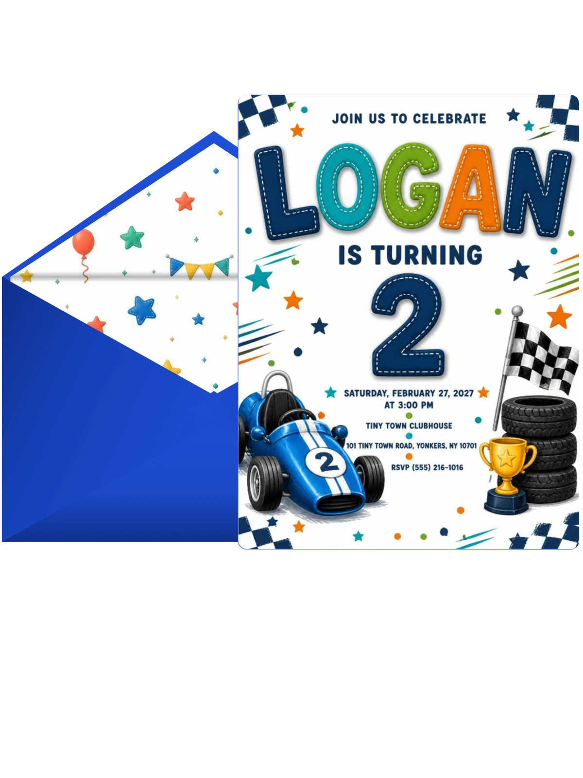 Race Car Stitched 2nd Birthday Invitation
