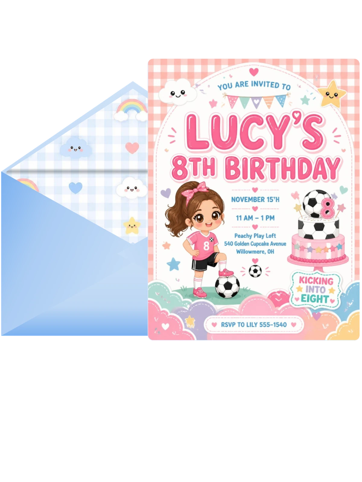 Soccer Cake Kawaii 8th Birthday Invitation