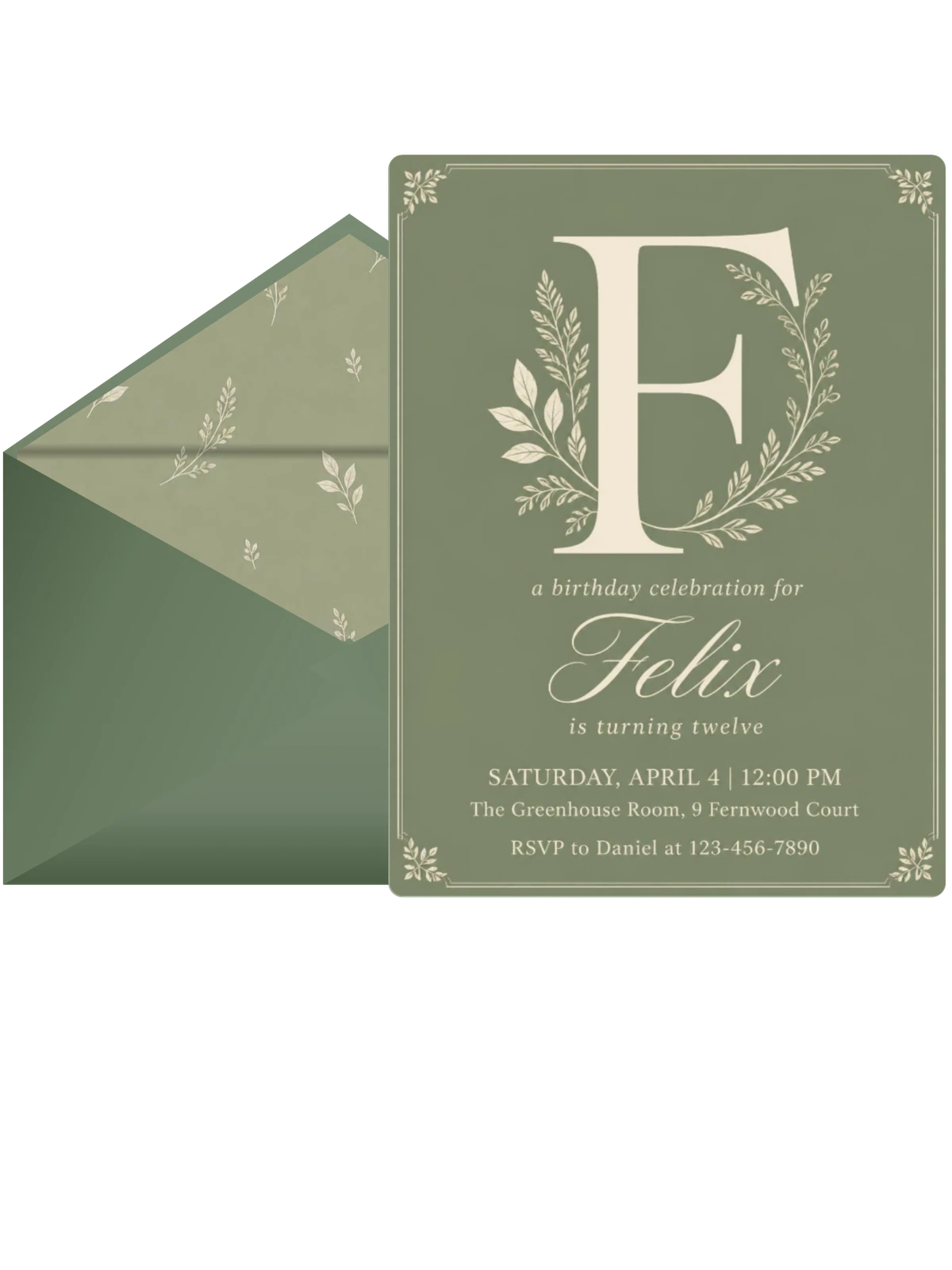 Sage Green Botanical Initial 12th Birthday