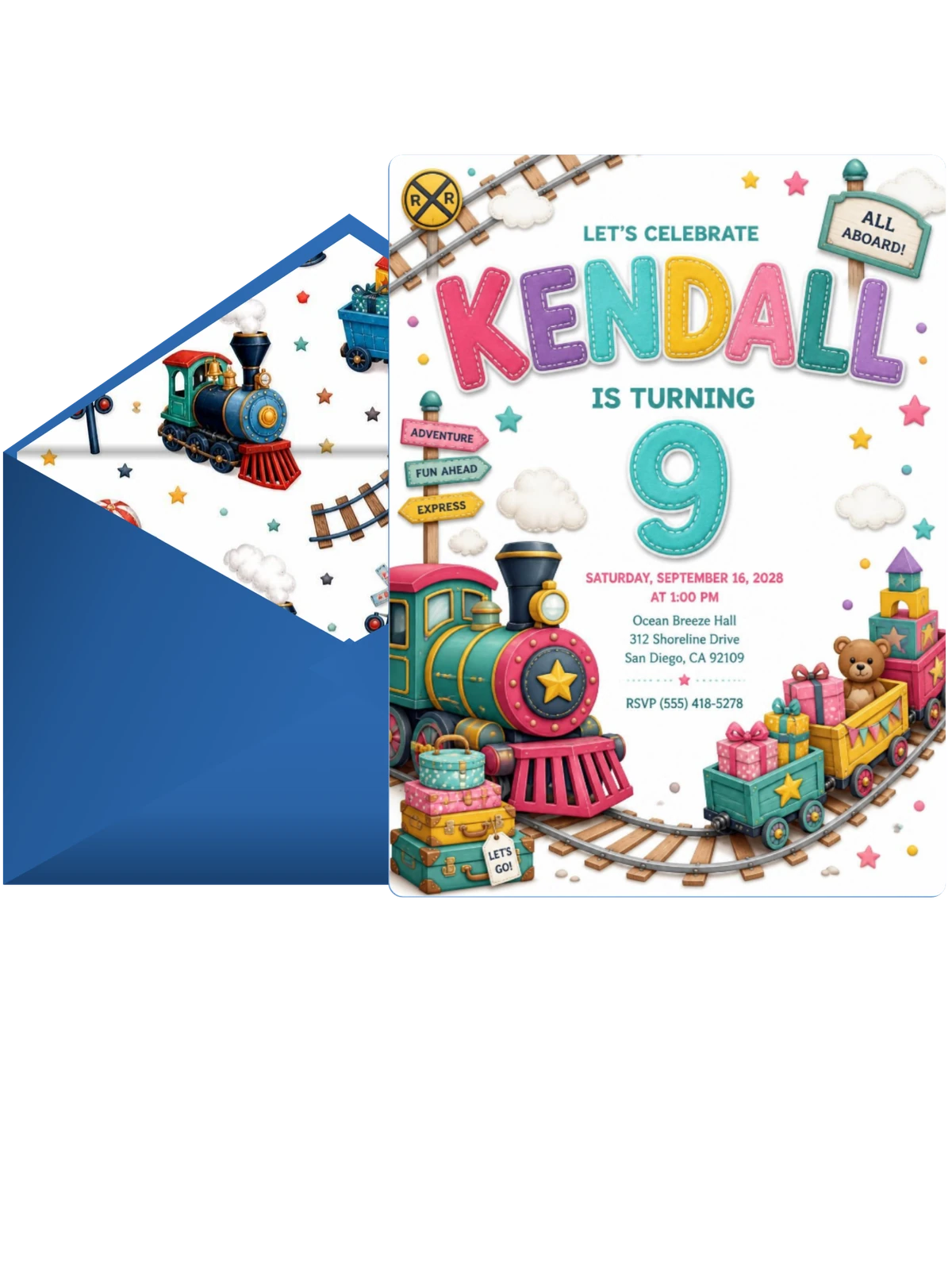Stitched Train 9th Birthday Invitation