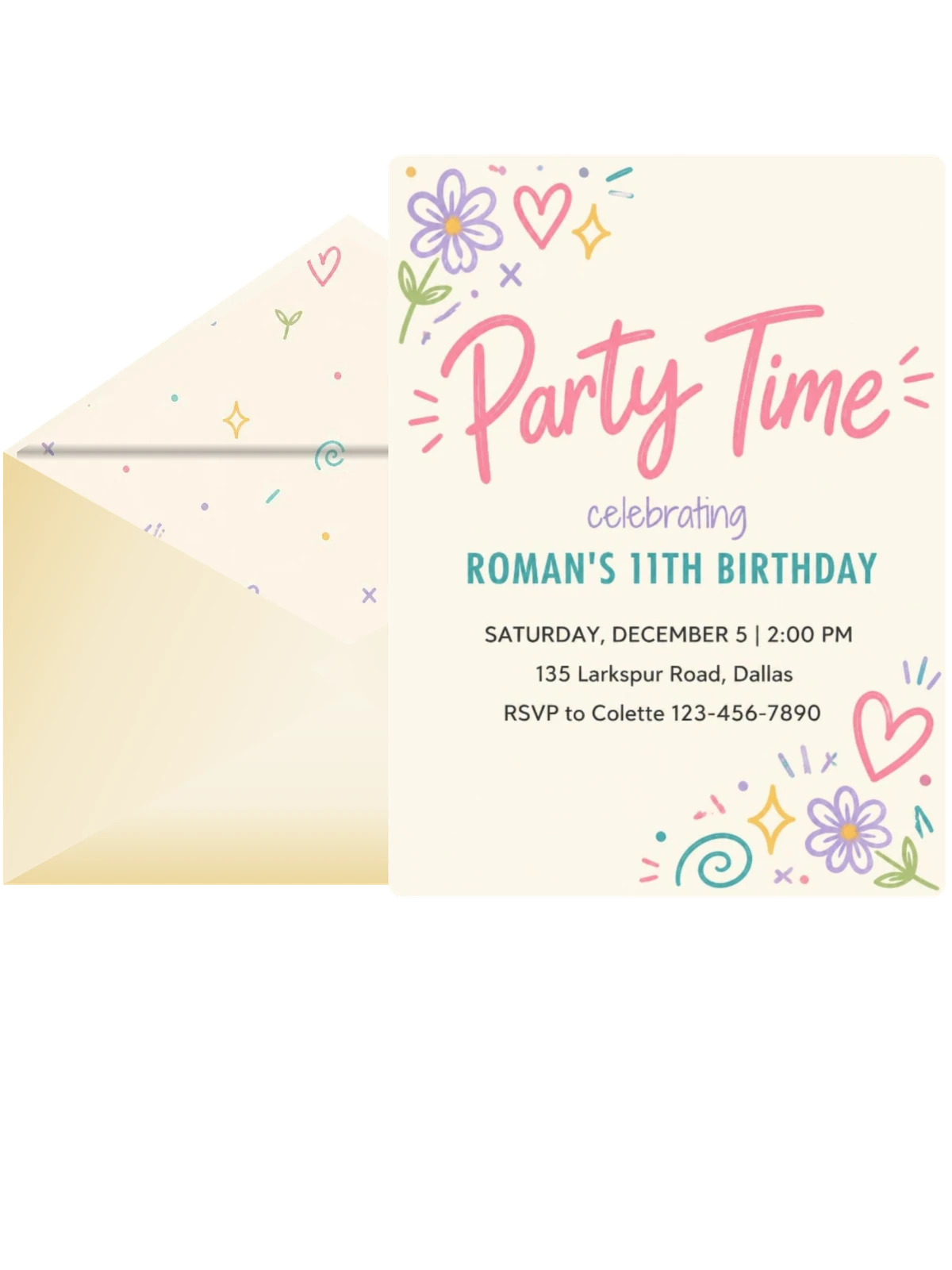 Cream Doodle Pastel 11th Birthday Invitation