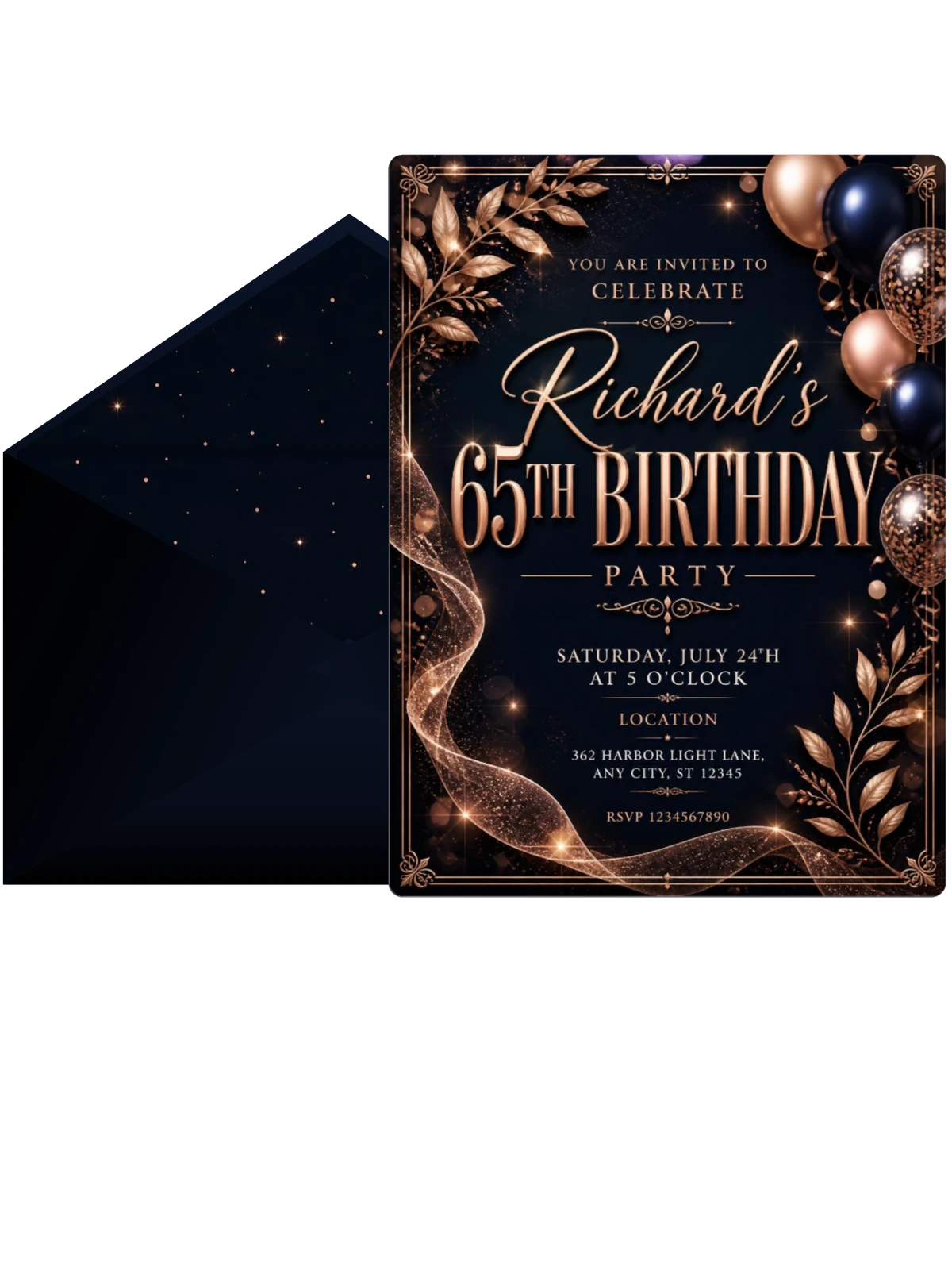 Navy and Rose Gold 65th Birthday Invitation
