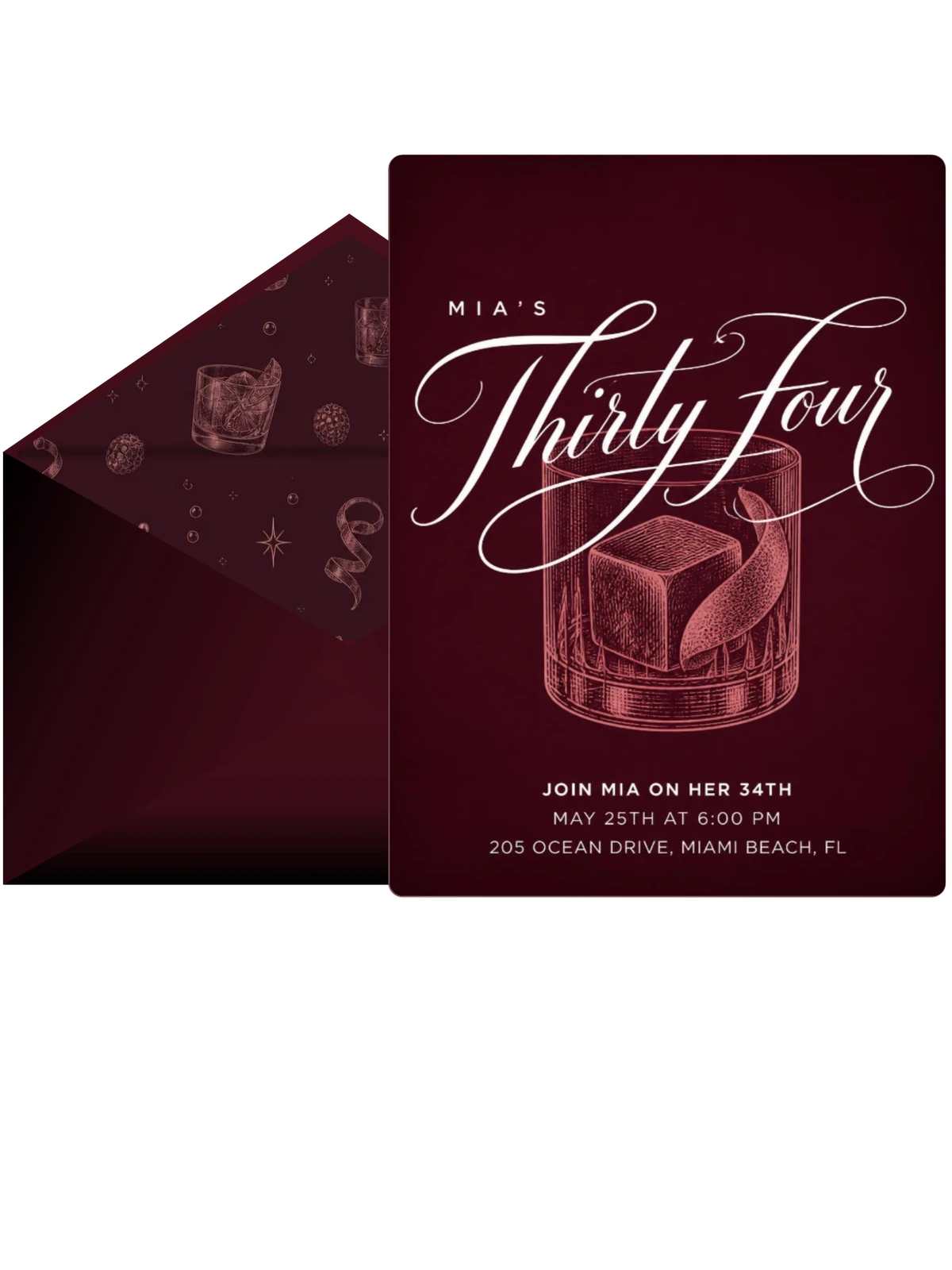 Burgundy Cocktail 34th Birthday Invitation