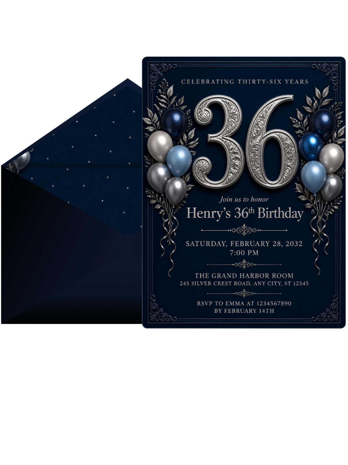 Navy and Silver 36th Birthday Invitation