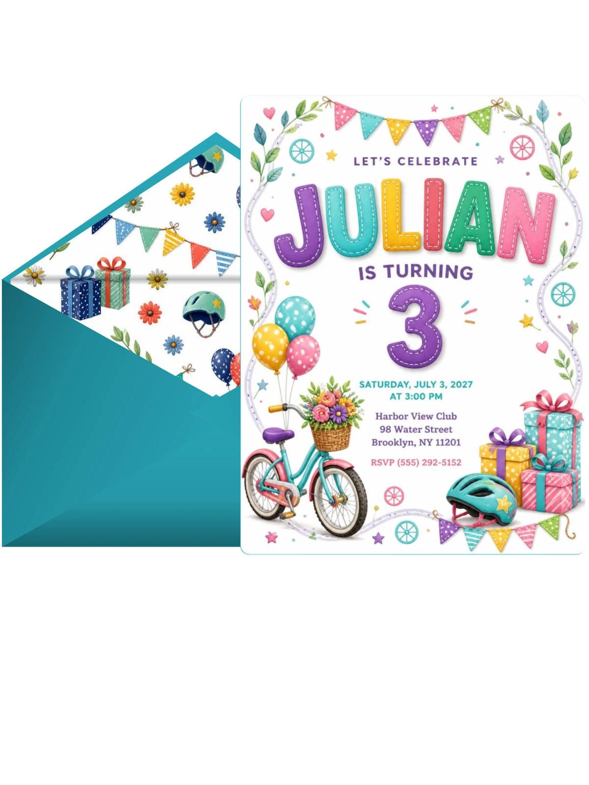 Stitched Bike Ride 3rd Birthday Invitation