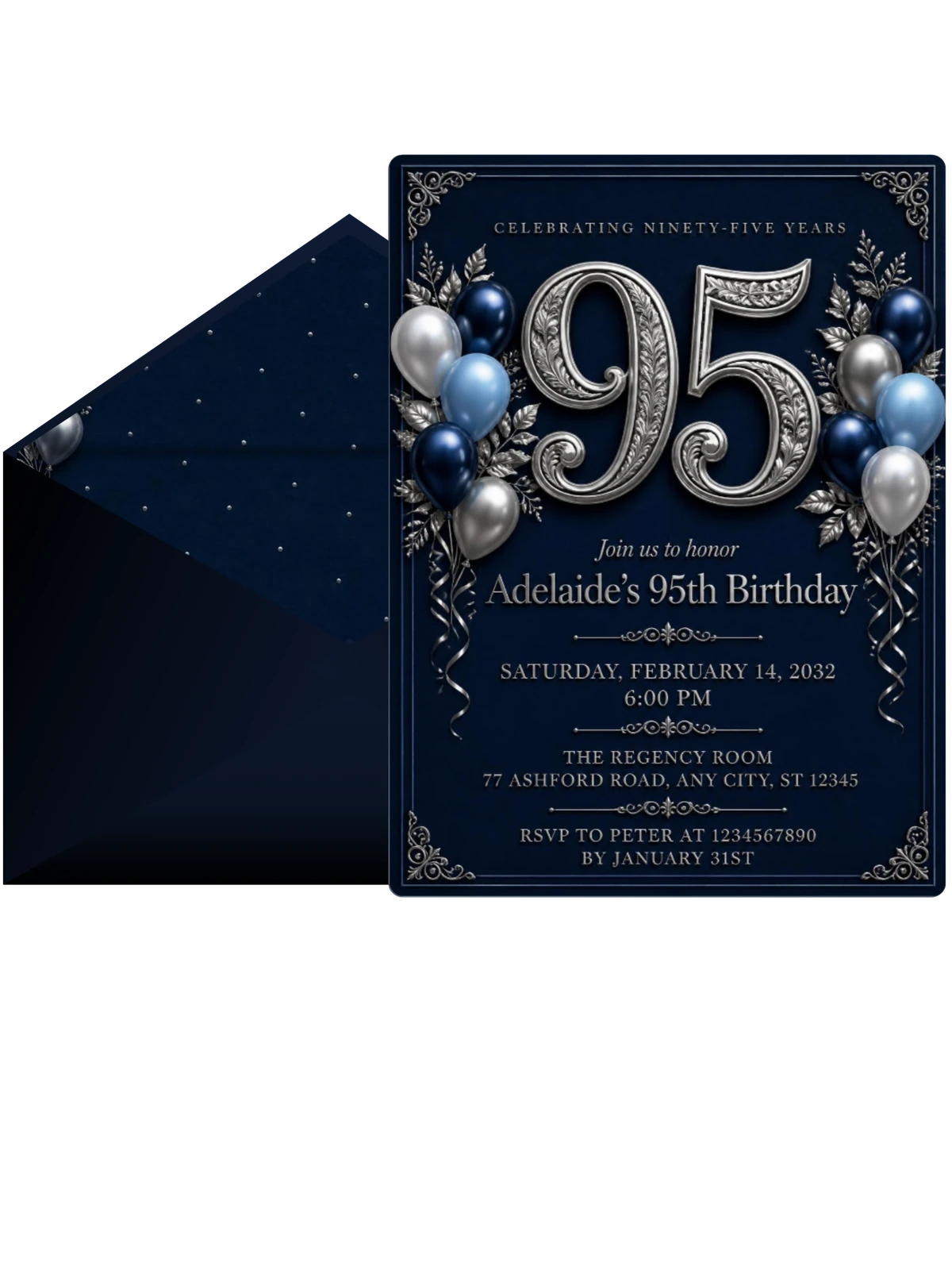 Navy and Silver 95th Birthday Invitation