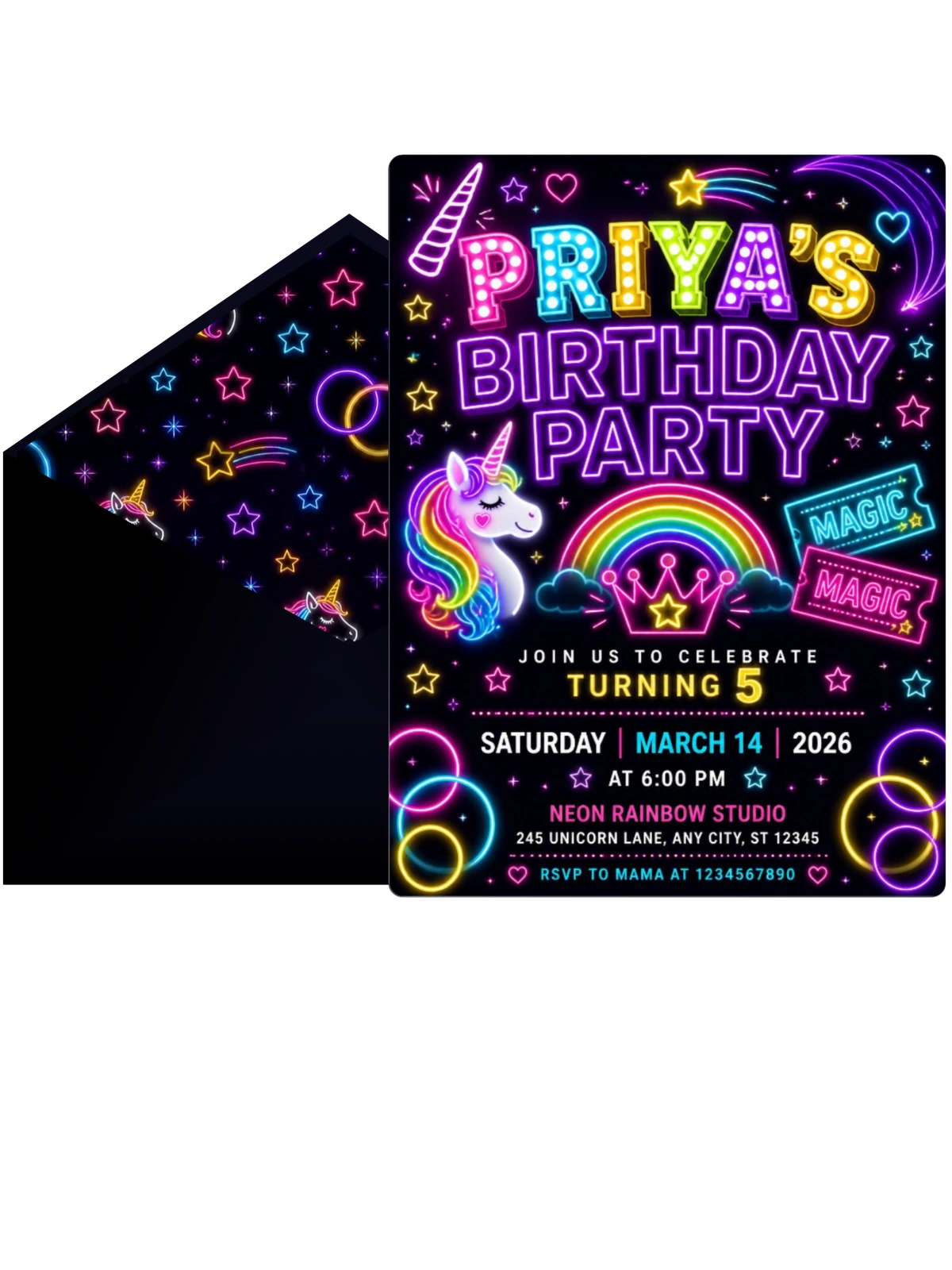 Neon Unicorn 5th Birthday Invitation