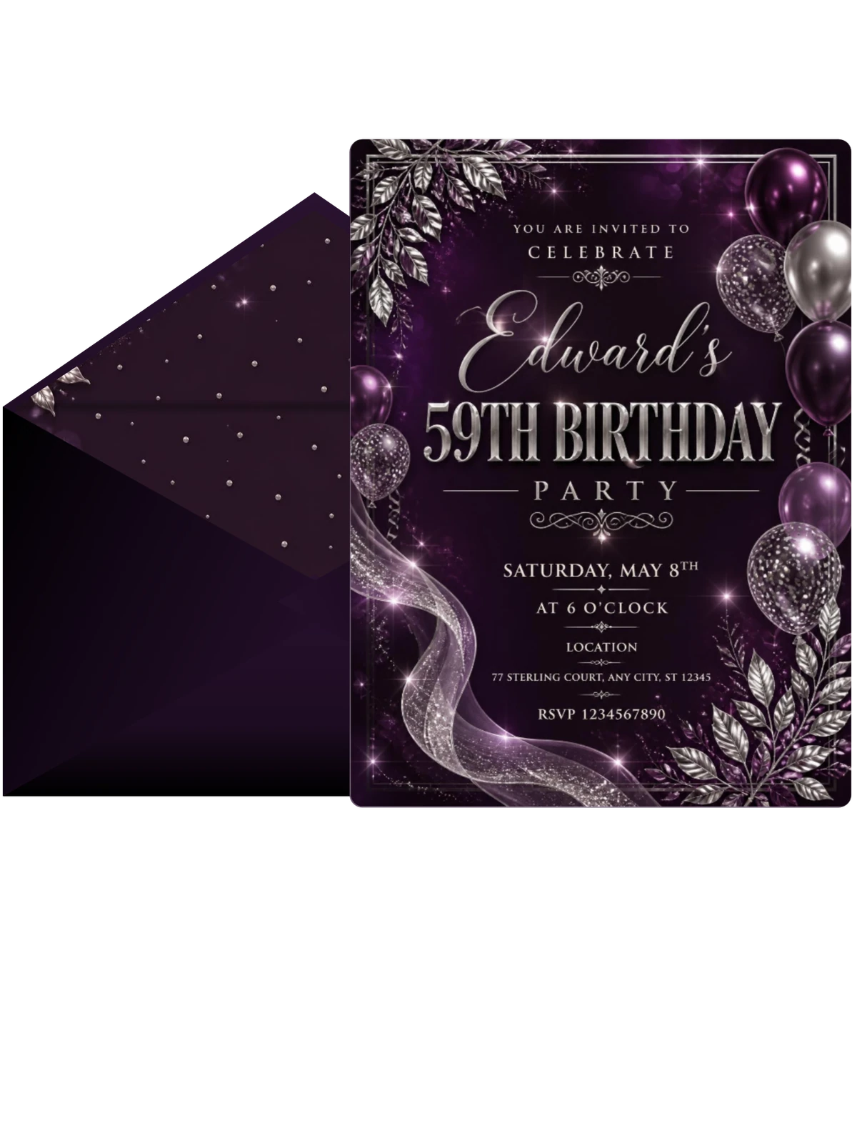 Plum and Silver 59th Birthday Invitation