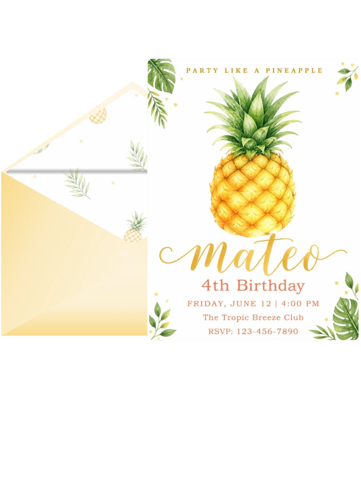 Watercolor Pineapple Tropical 4th Birthday Invitation