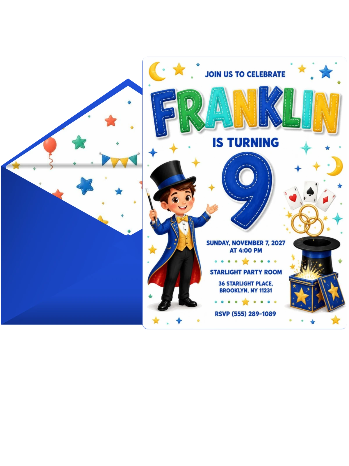 Magic Props Stitched 9th Birthday Invitation