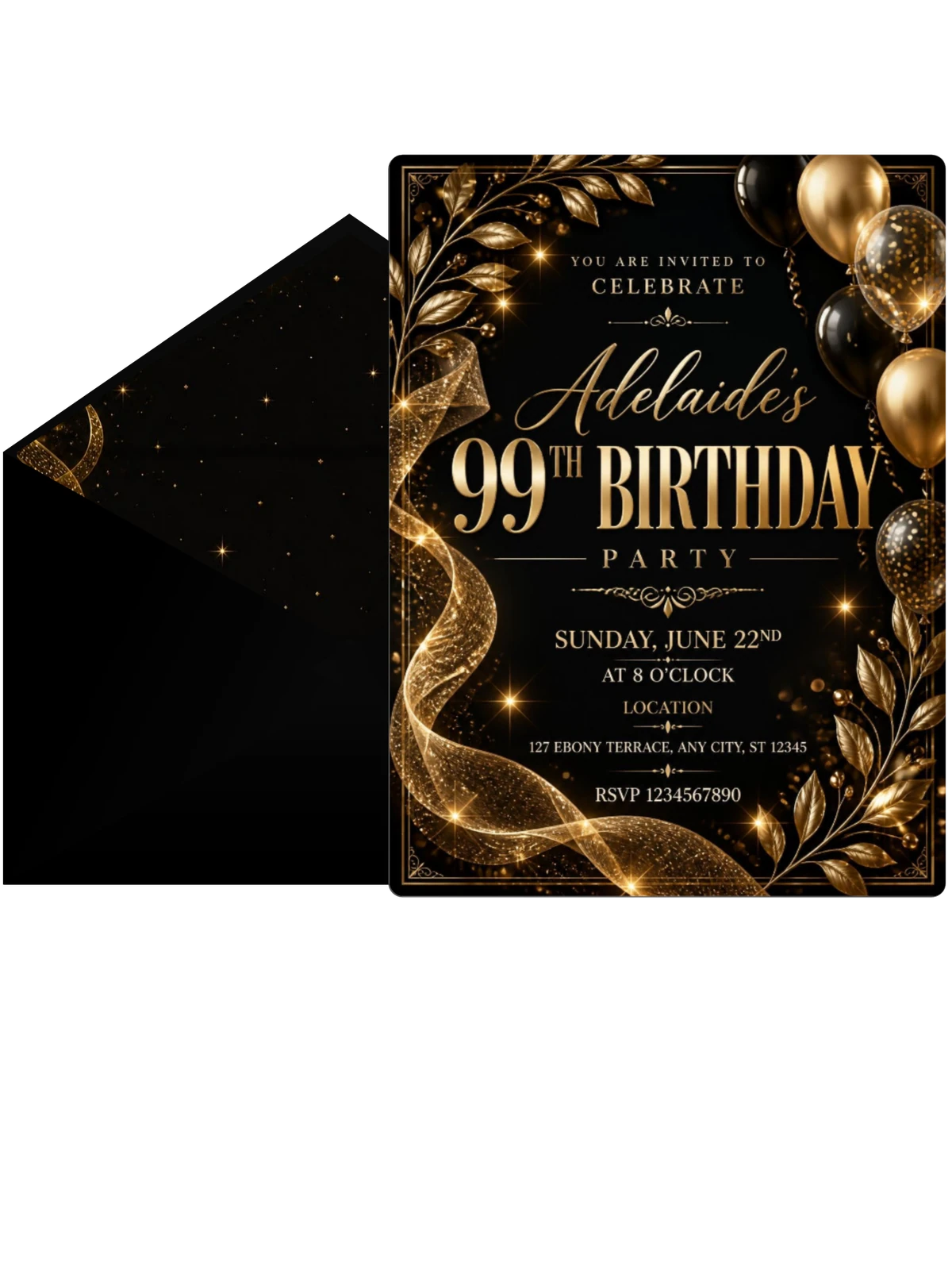Black and Gold 99th Birthday Invitation
