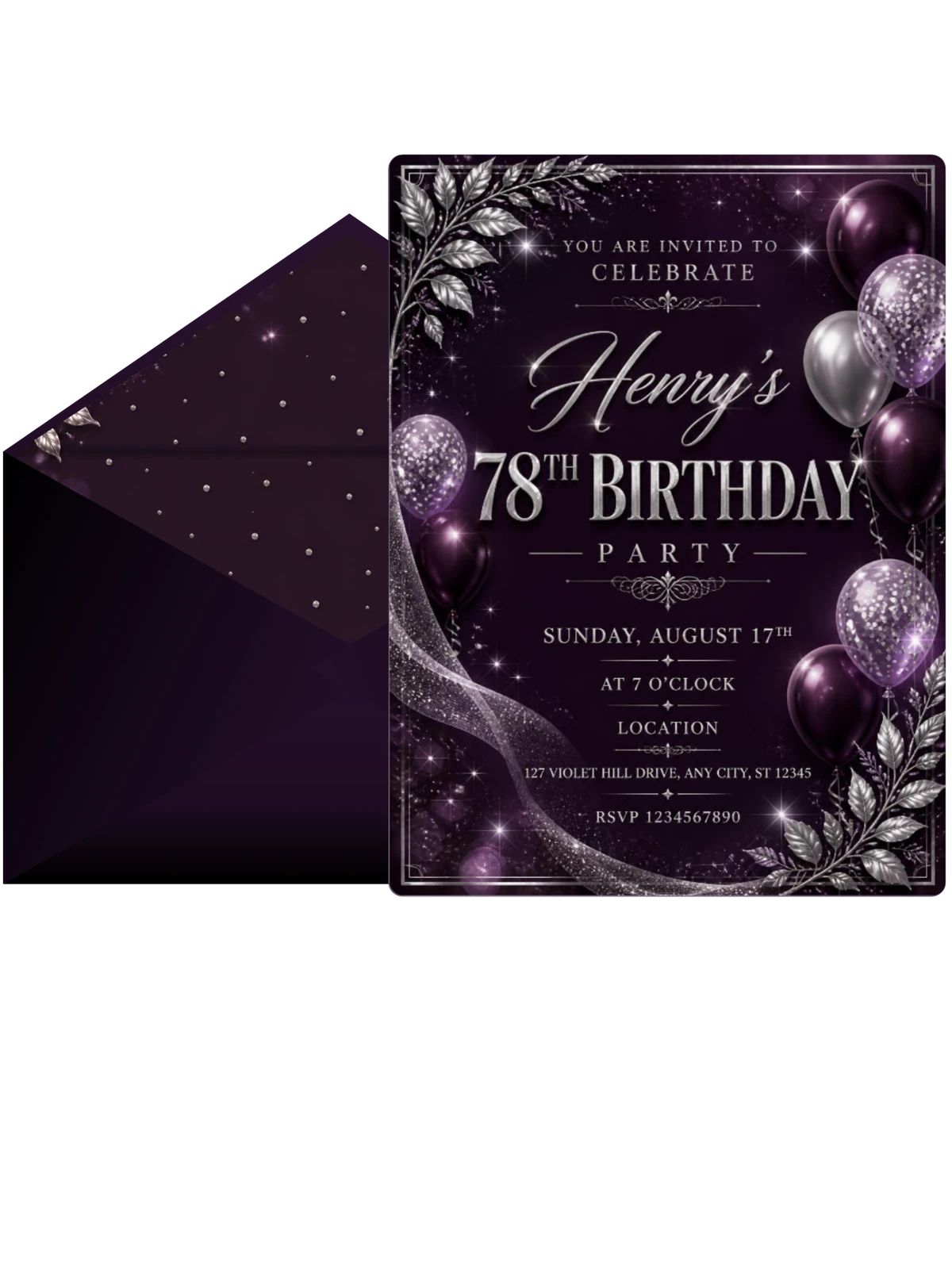 Plum and Silver 78th Birthday Invitation