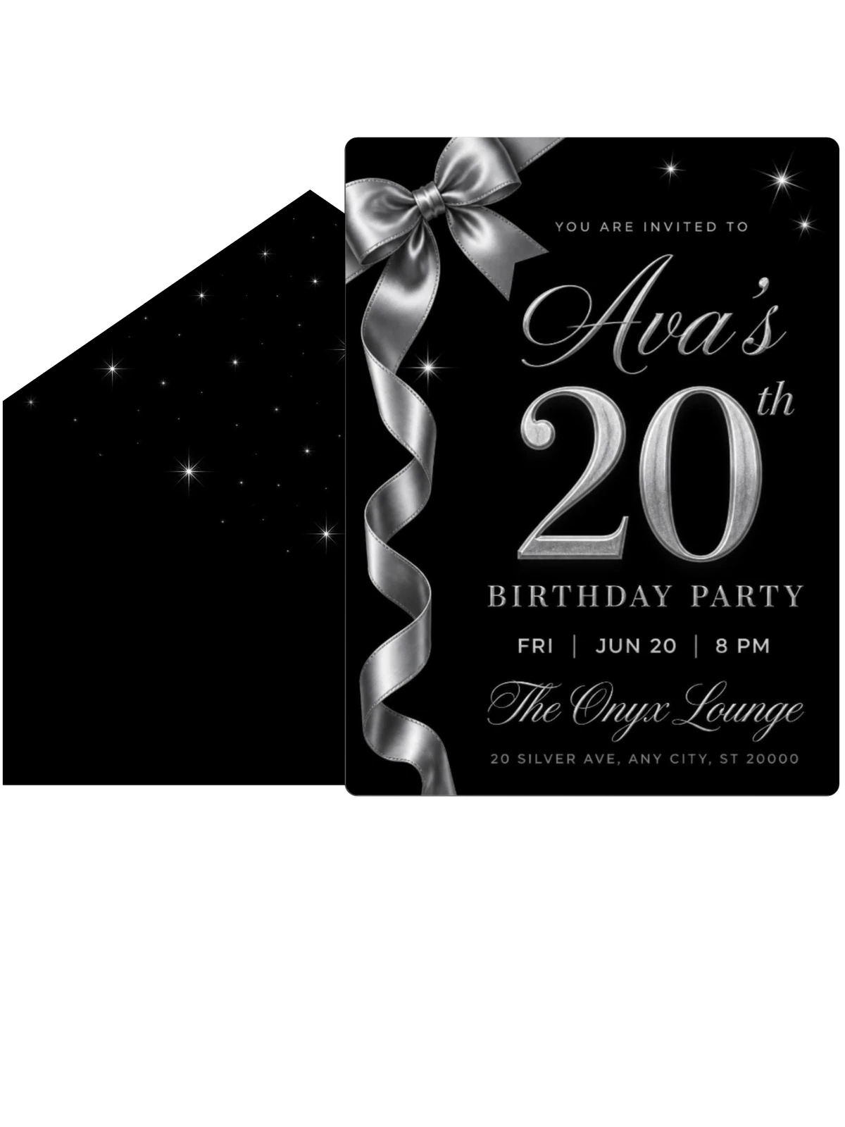 Silver Ribbon Black 20th Birthday Invitation