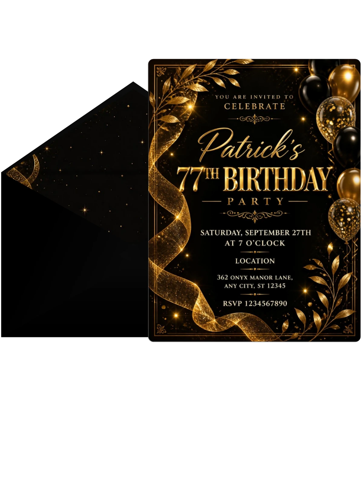 Black and Gold 77th Birthday Invitation