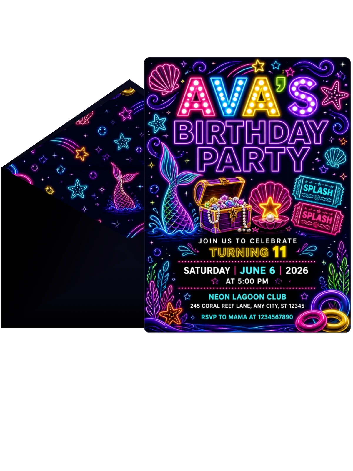 Neon Mermaid 11th Birthday Invitation