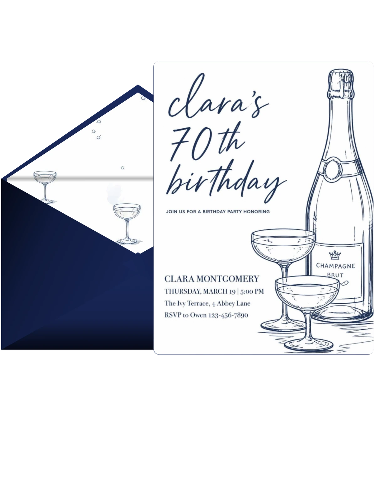 Navy Ink Champagne Birthday Invitation