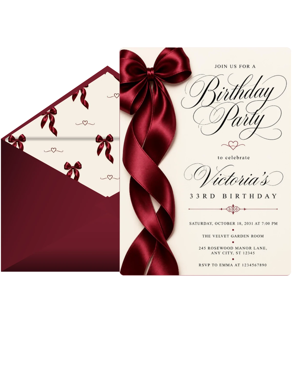 Burgundy Satin Bow 33rd Birthday Invitation