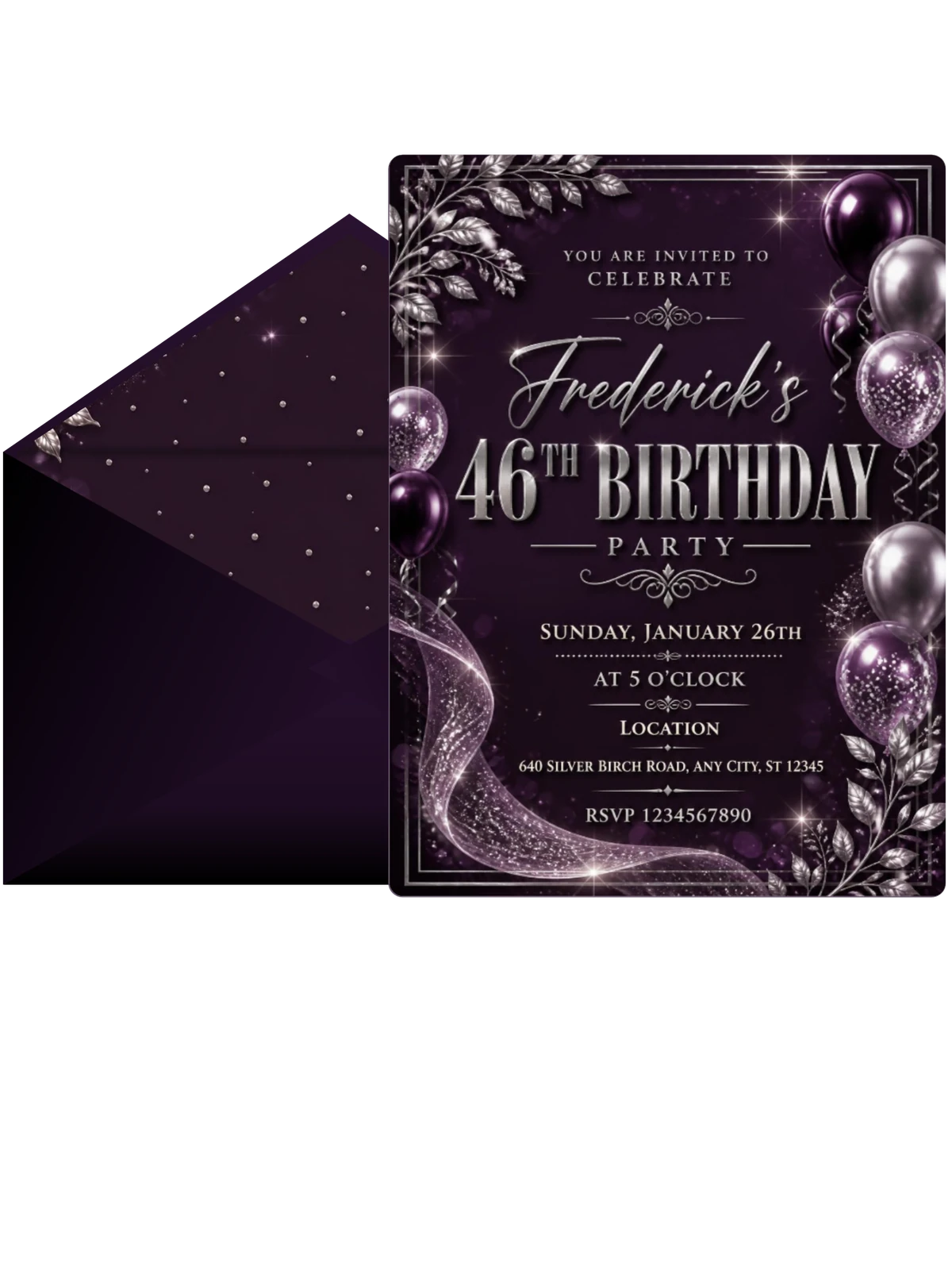 Plum and Silver 46th Birthday Invitation