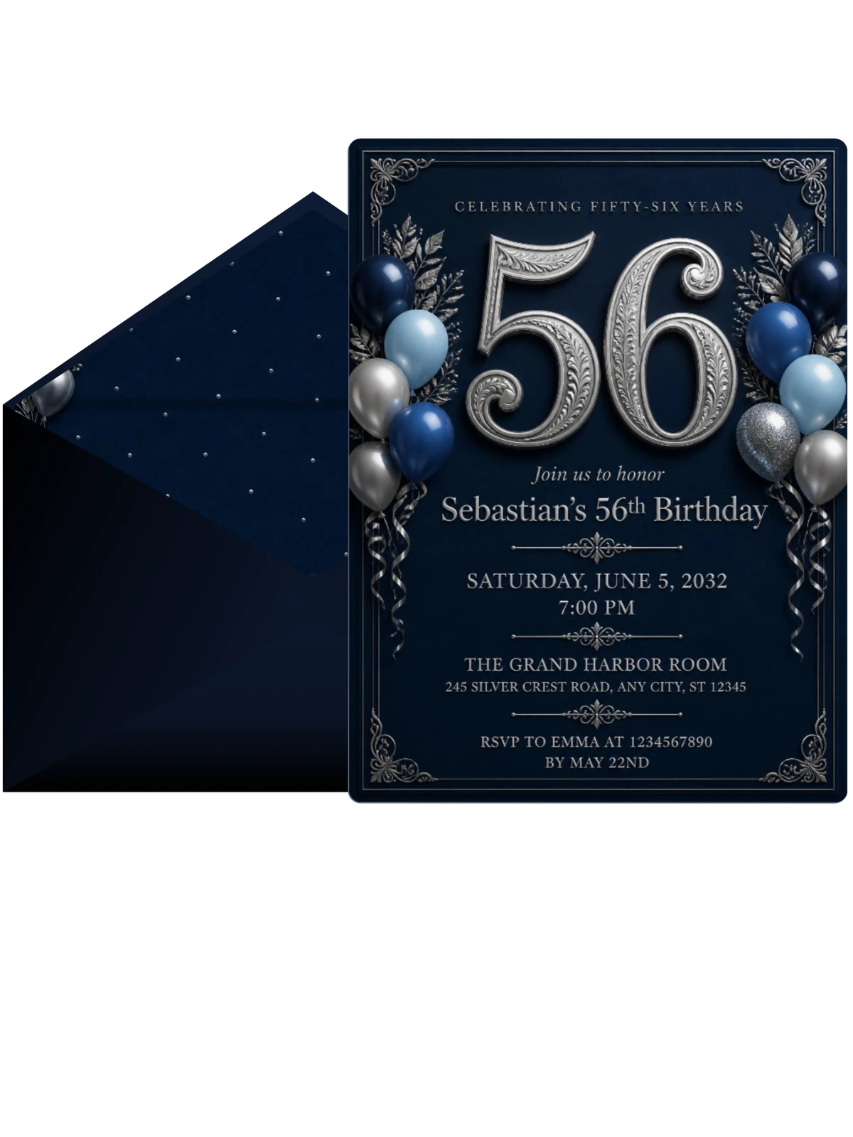 Navy and Silver 56th Birthday Invitation