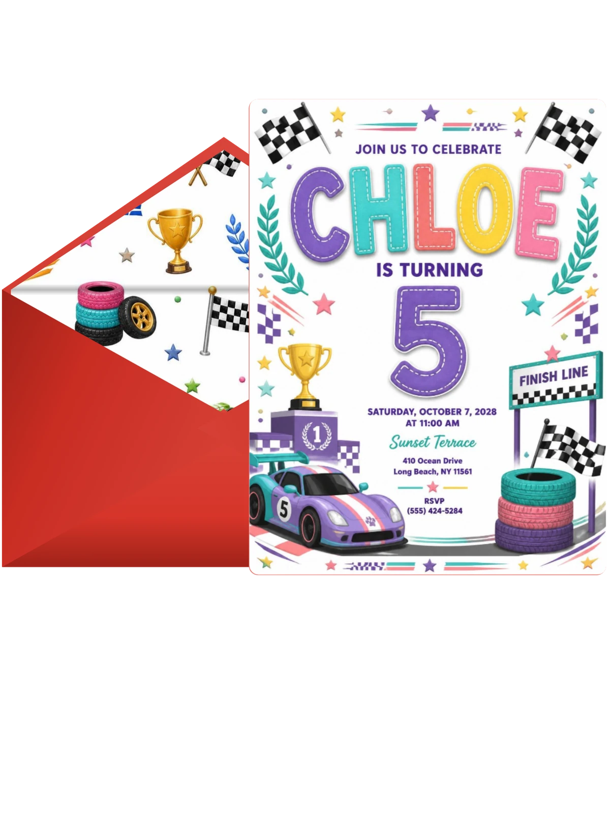 Stitched Race Car 5th Birthday Invitation