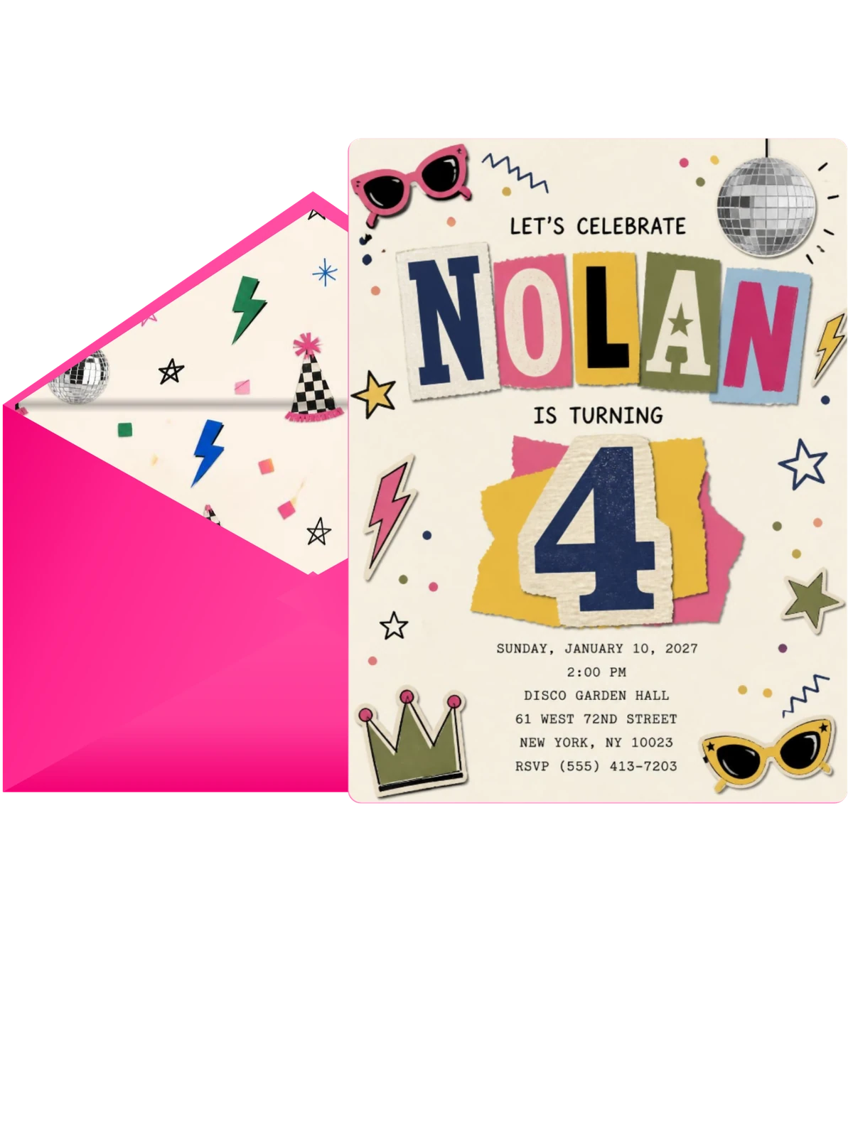 Retro Paper Collage 4th Birthday Invitation