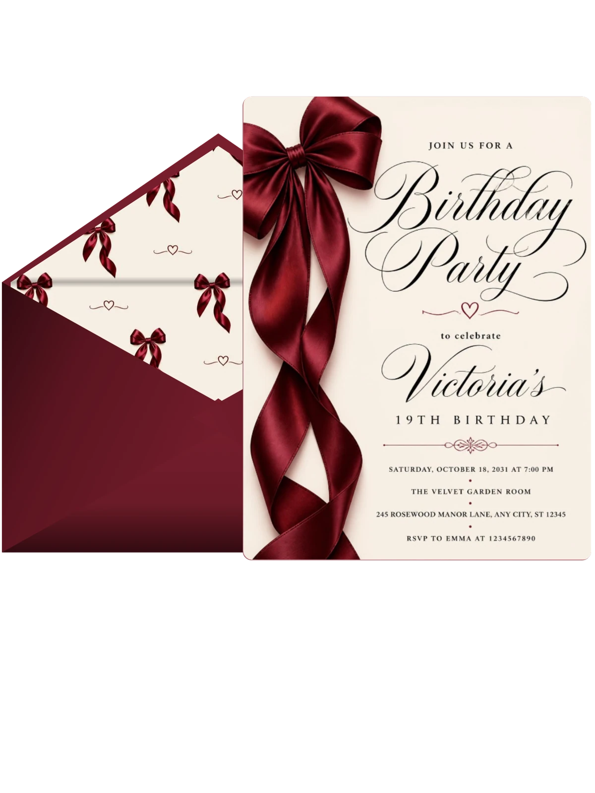 Burgundy Satin Bow 19th Birthday Invitation