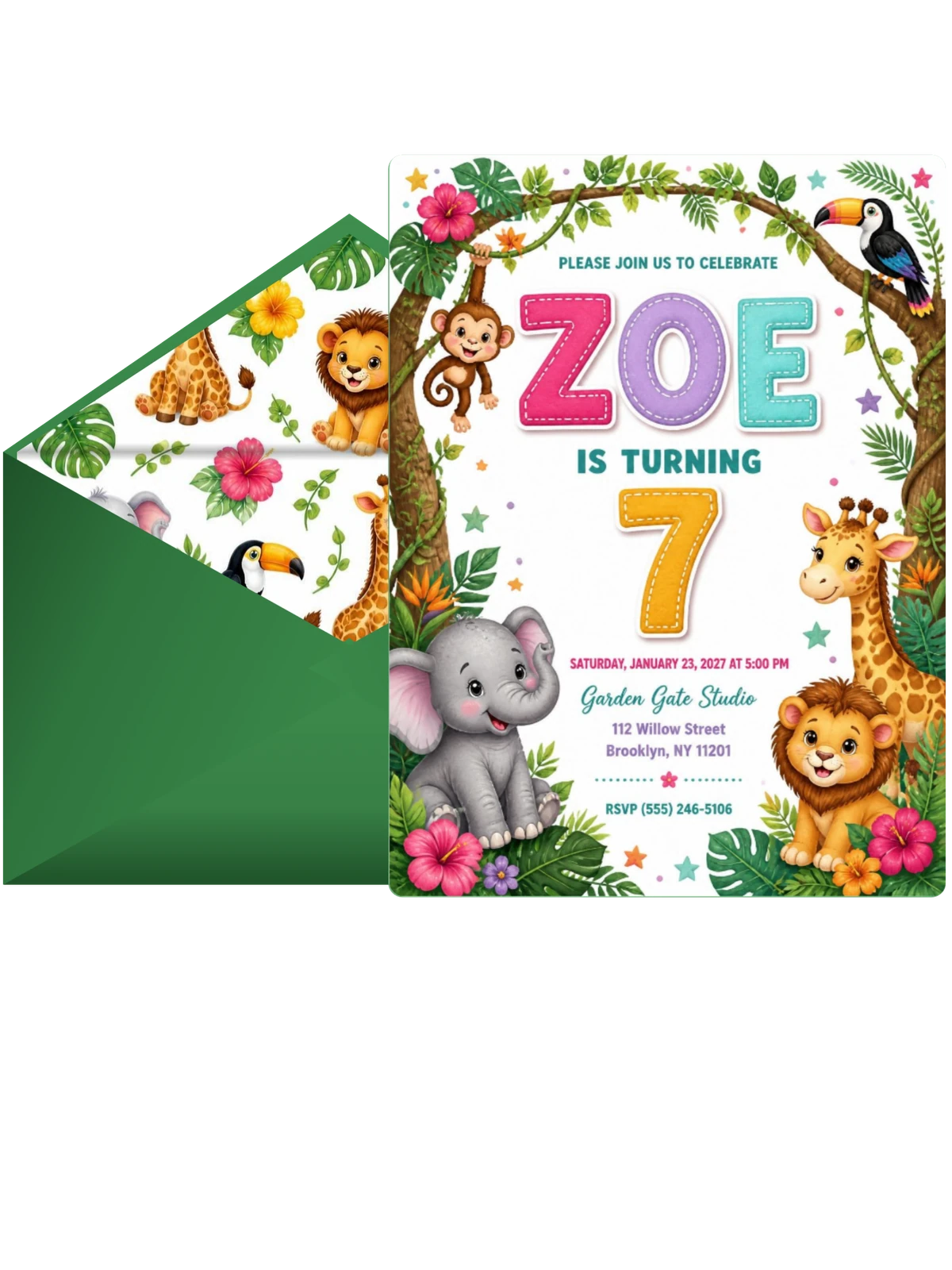 Stitched Safari 7th Birthday Invitation
