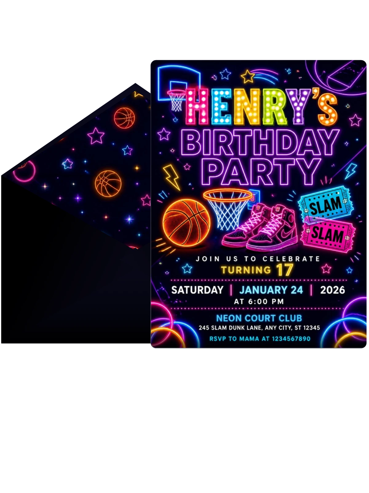 Neon Basketball 17th Birthday Invitation