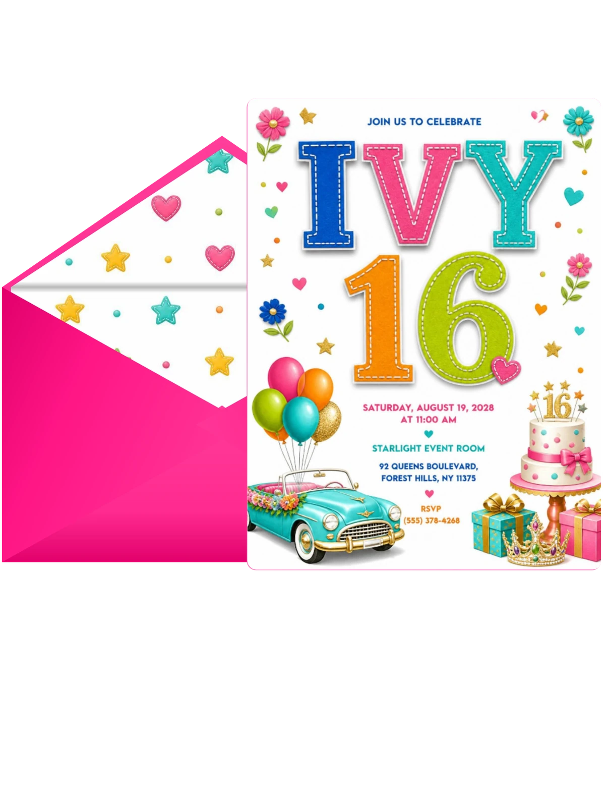 Turquoise Convertible 16th Birthday Invitation