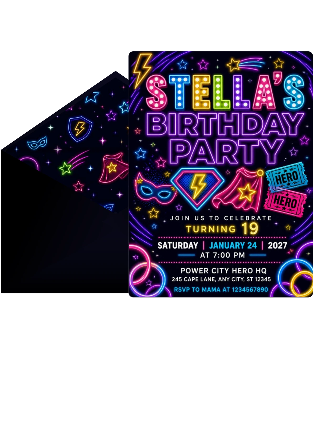 Neon Superhero 19th Birthday Invitation
