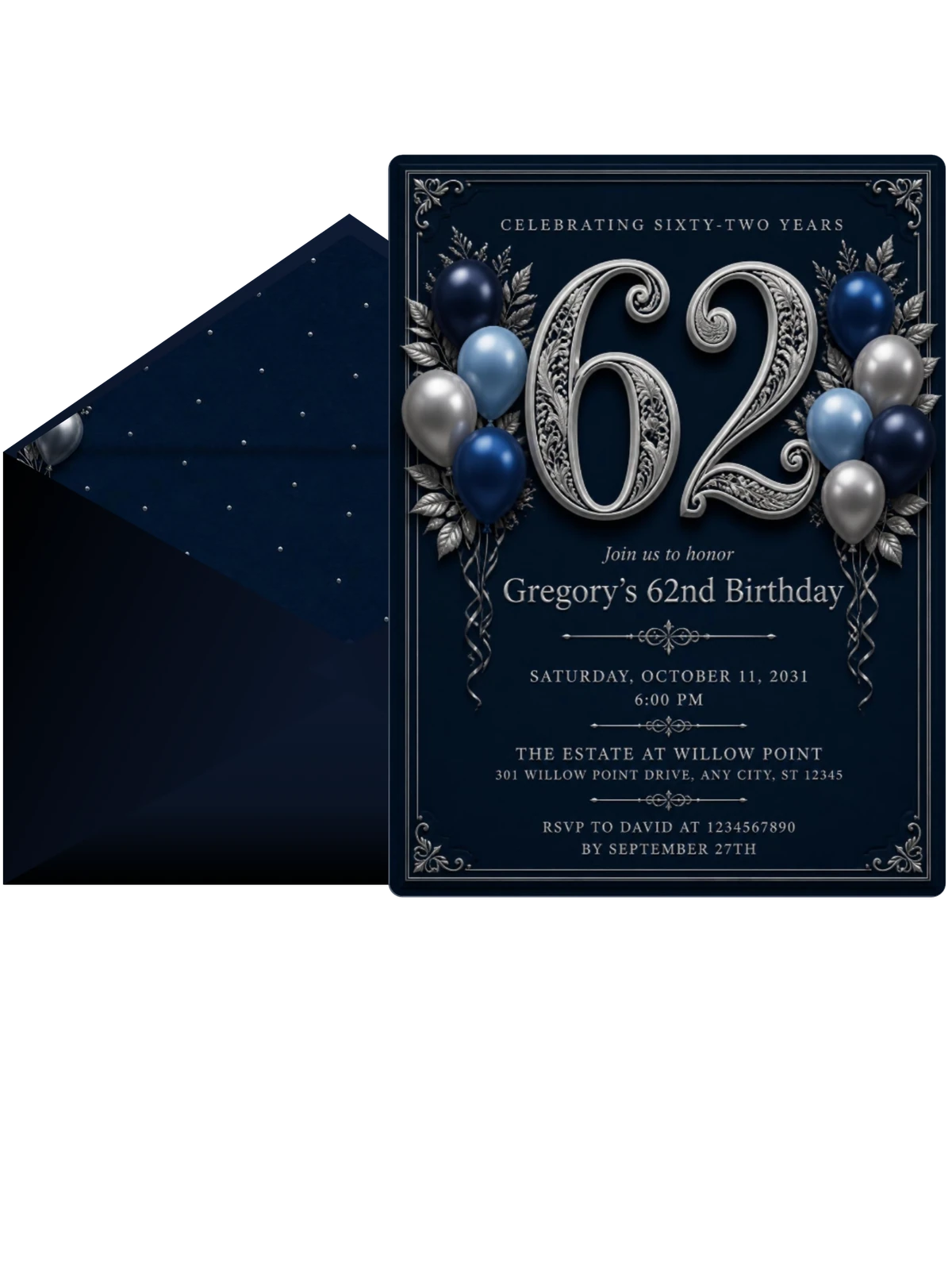 Navy and Silver 62nd Birthday Invitation