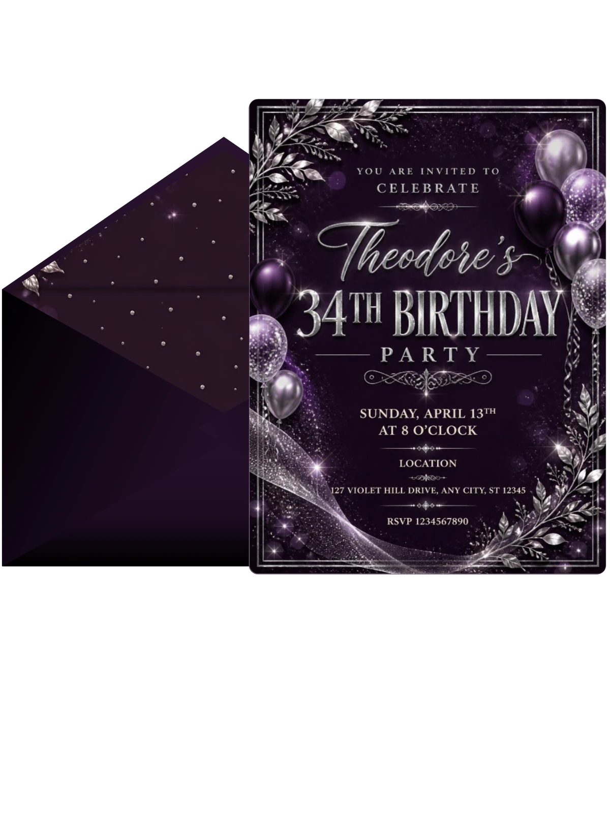 Plum and Silver 34th Birthday Invitation