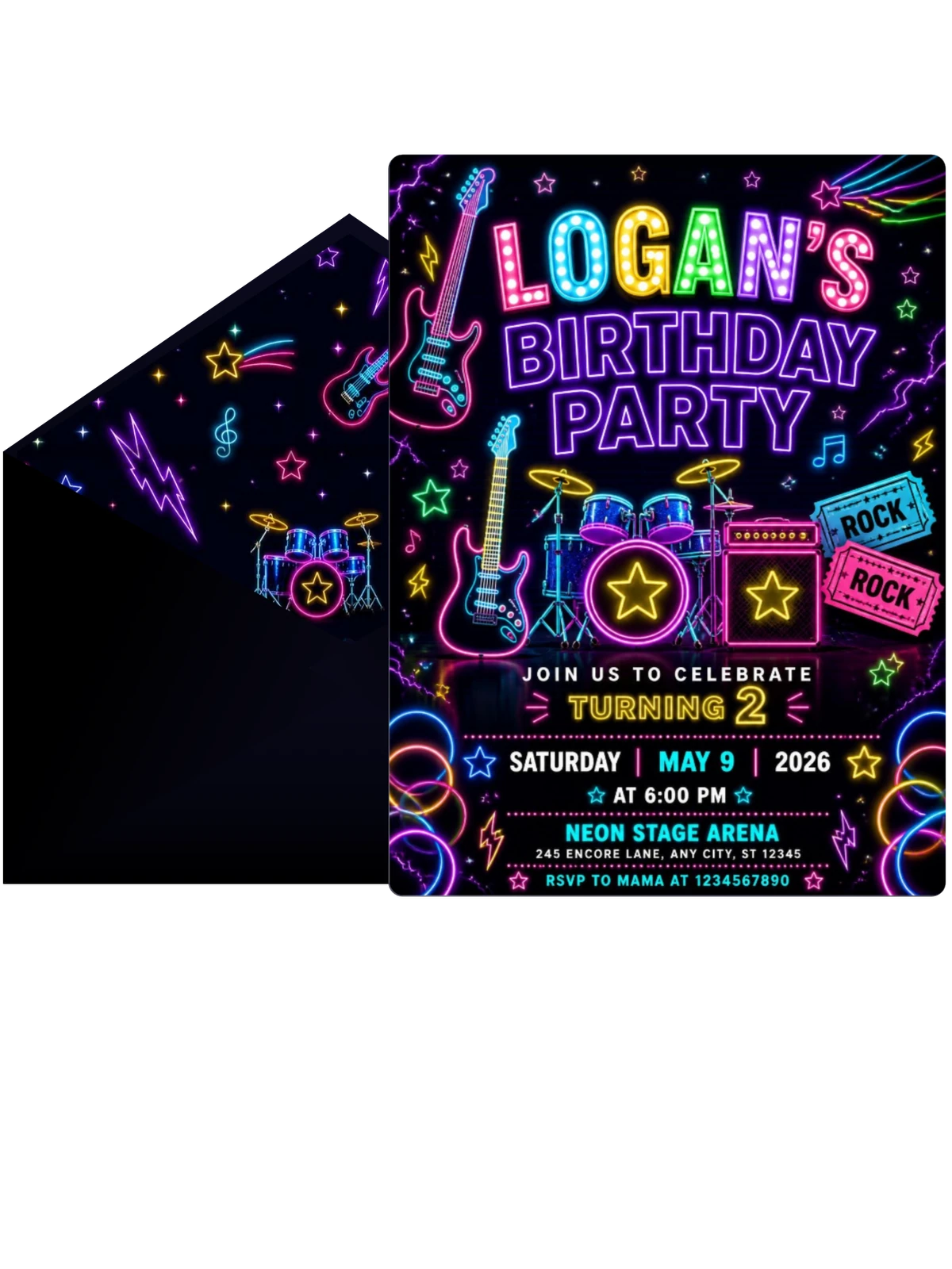 Neon Rock Star 2nd Birthday Invitation