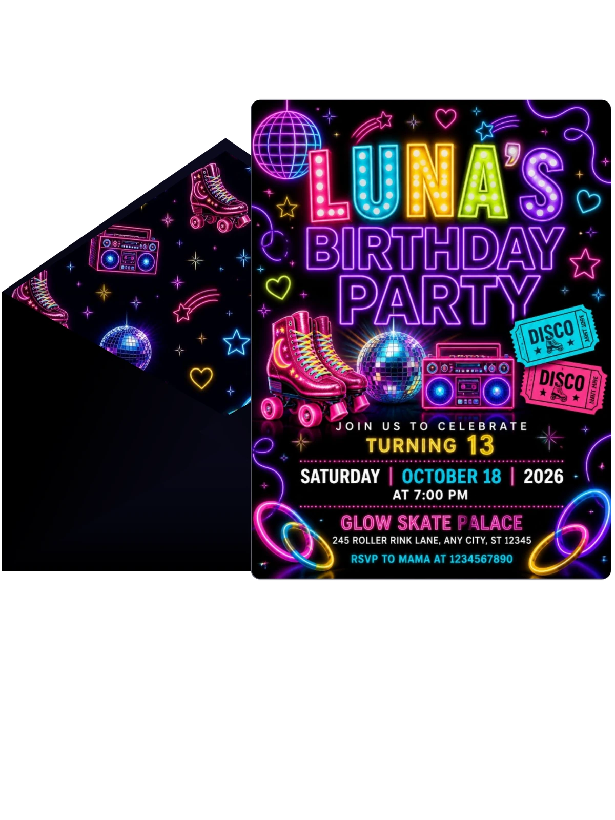 Neon Roller Disco 13th Birthday Invitation