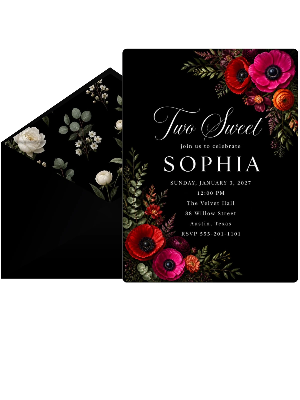 Black Floral 2nd Birthday Invitation