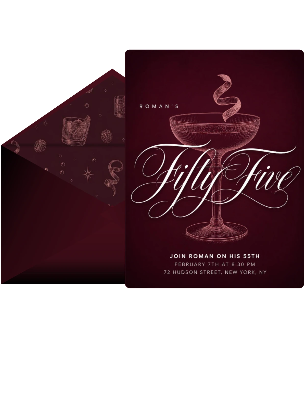 Burgundy Cocktail 55th Birthday Invitation