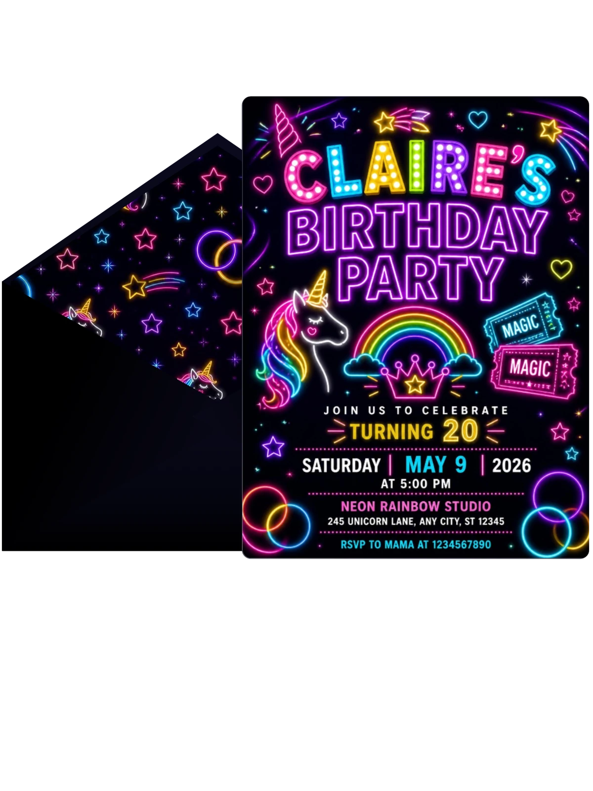 Neon Unicorn 20th Birthday Invitation
