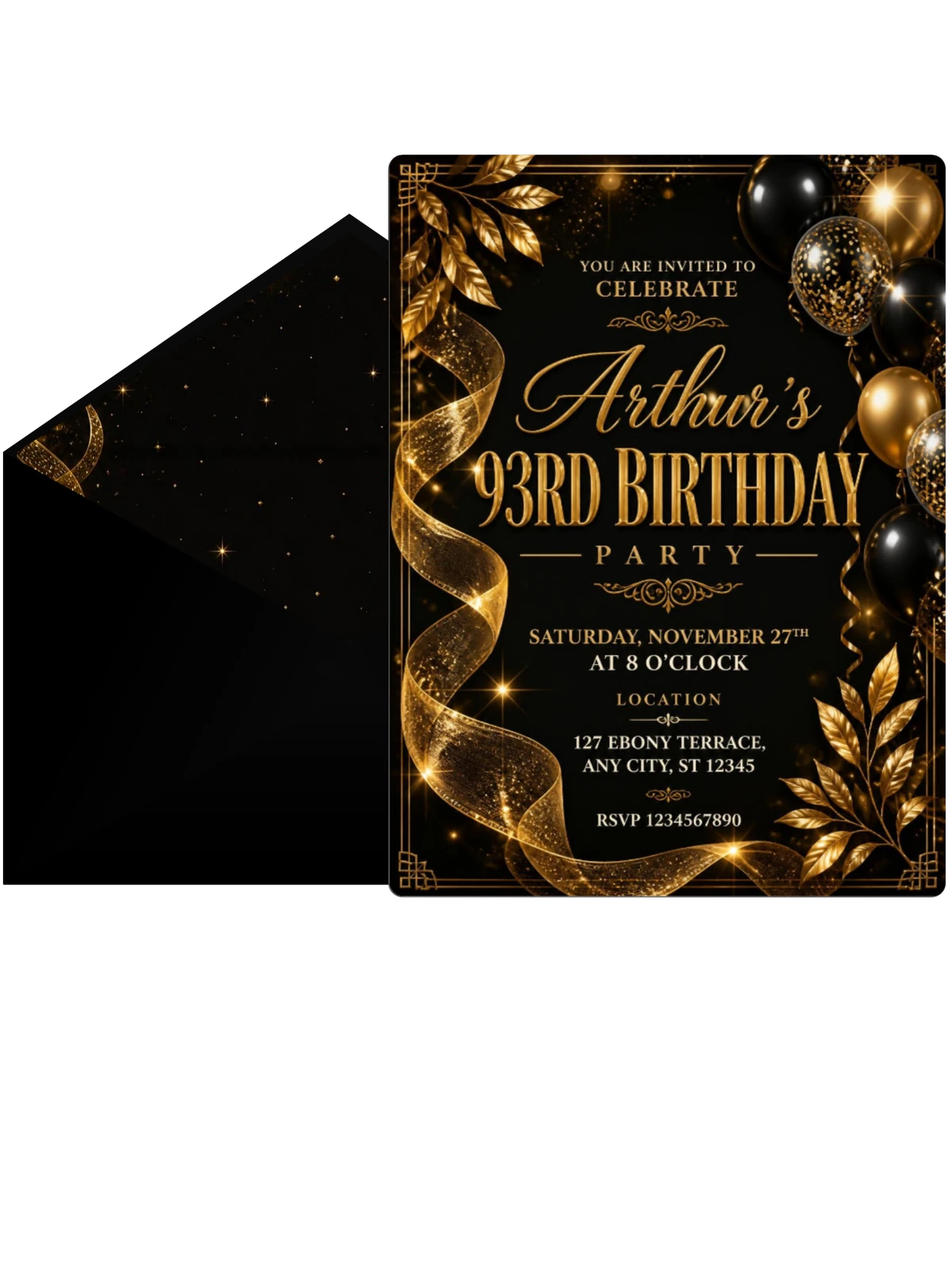 Black and Gold 93rd Birthday Invitation