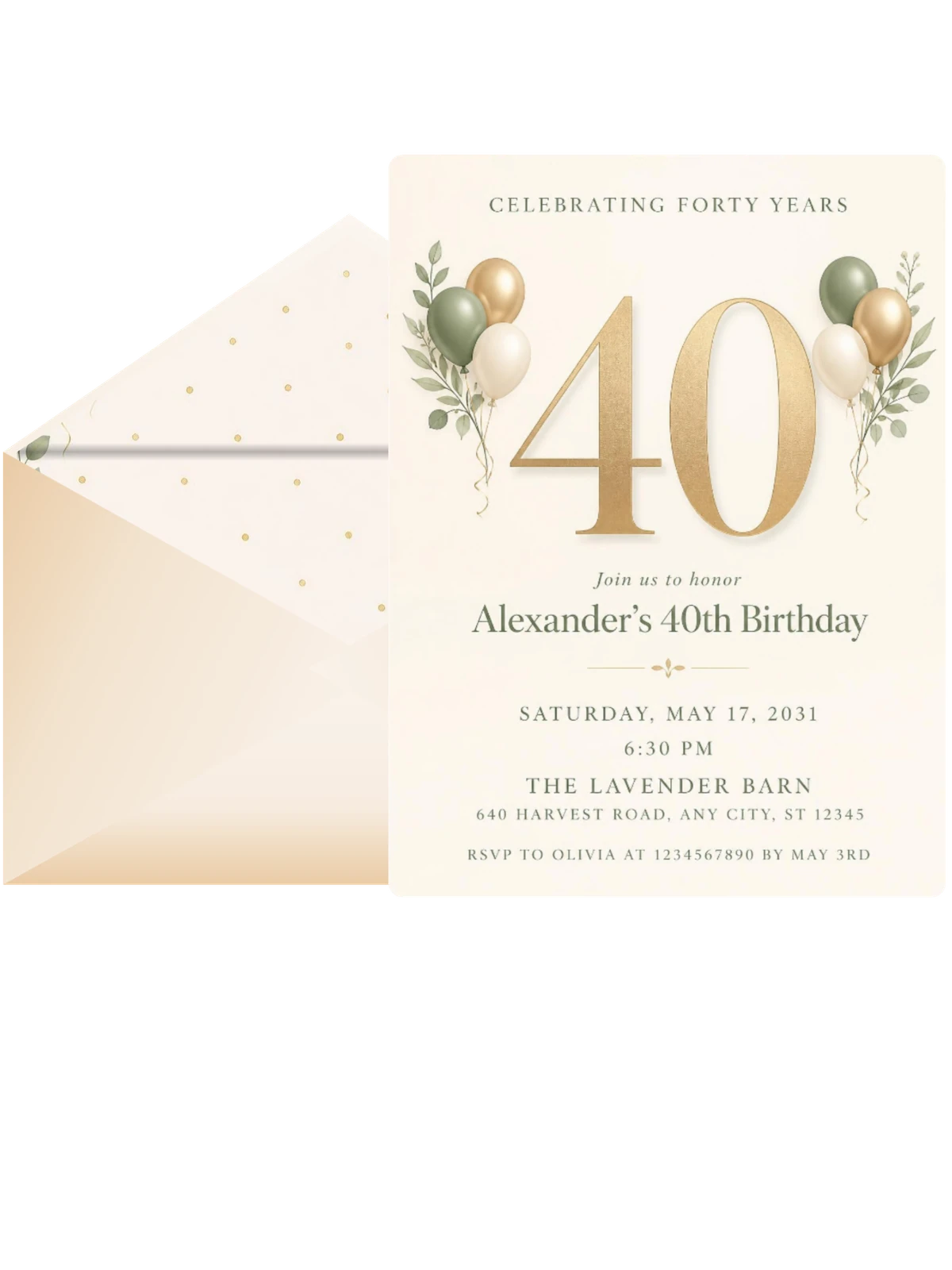 Sage and Ivory 40th Birthday Invitation